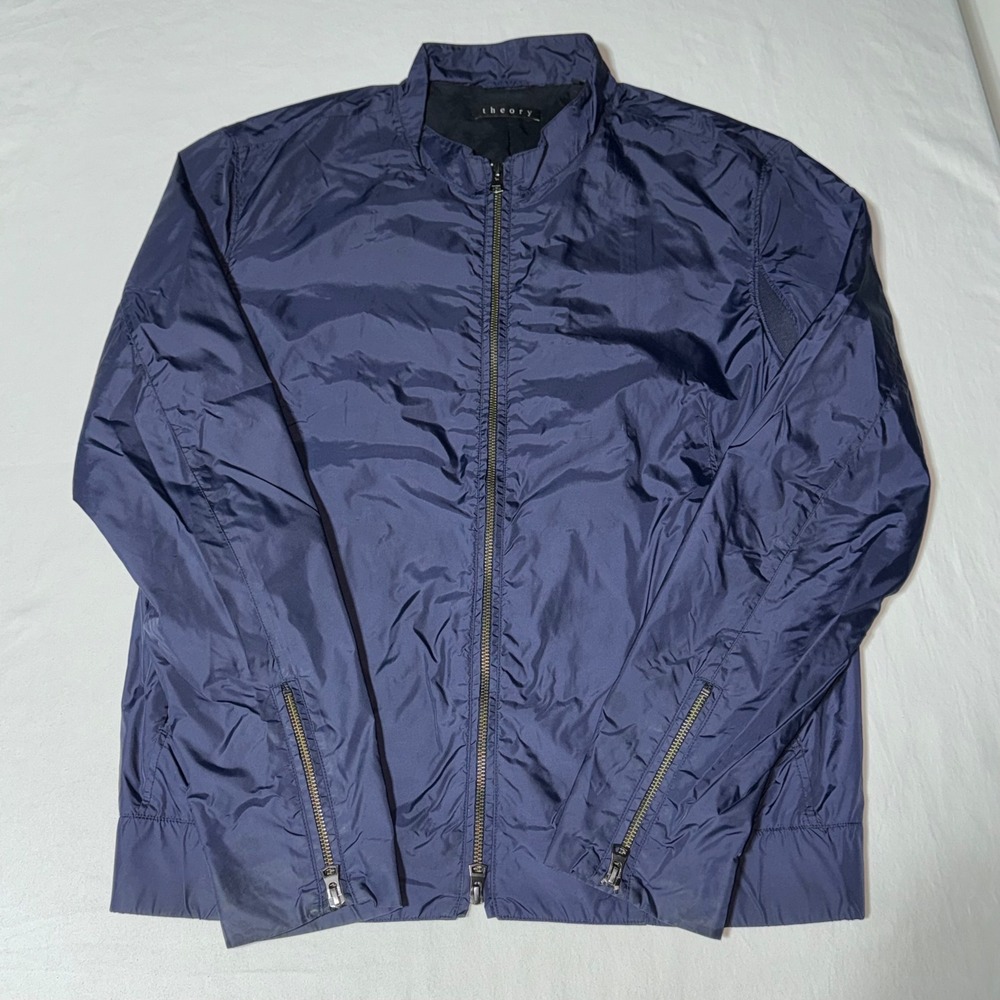 Theory Bomber Jacket Mens M Navy Blue Nylon Full Zip Mock Neck Zipper Cuffs READ - Picture 2 of 12